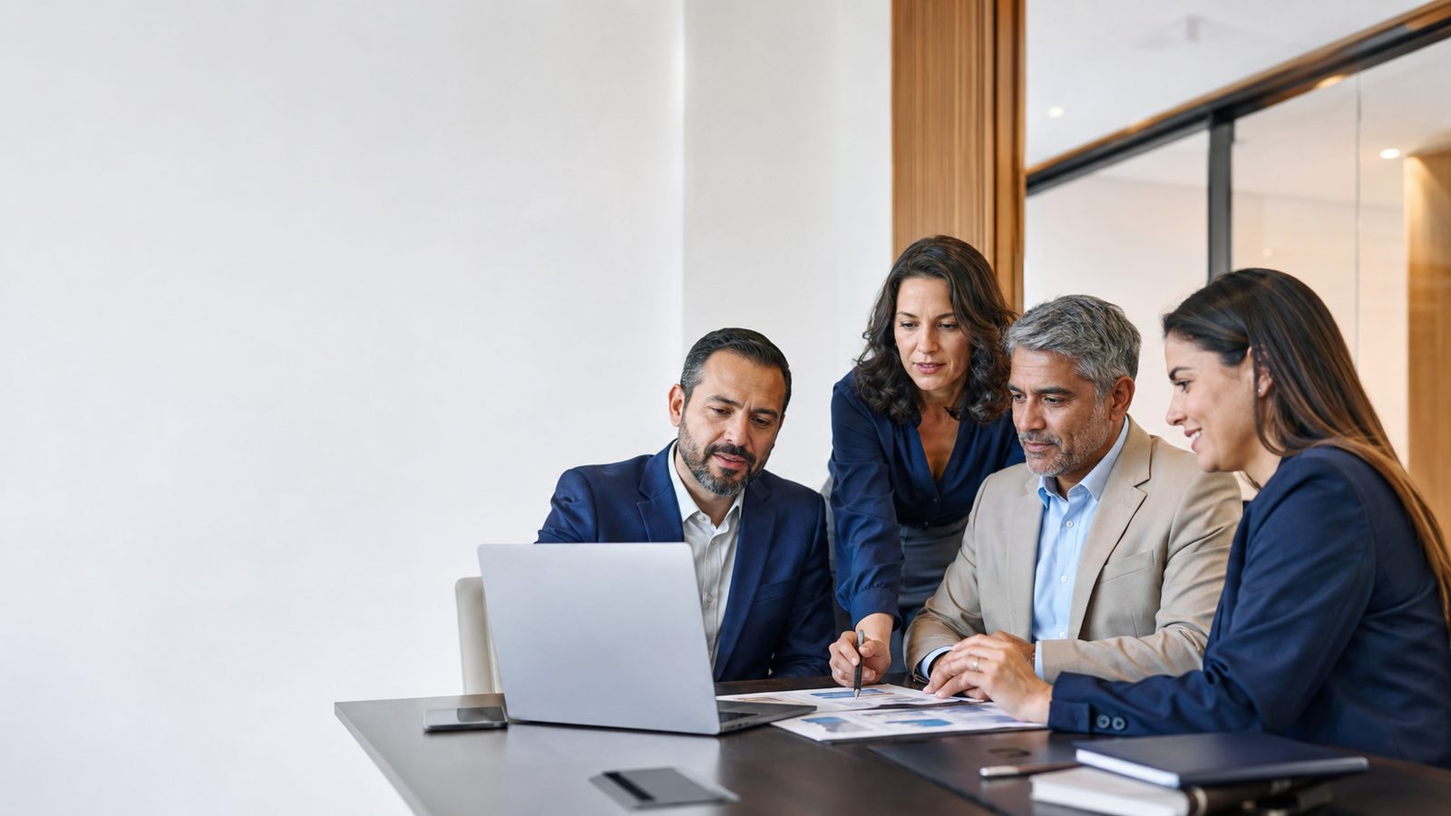 Equipe de gestores analisando indicadores financeiros em reunião